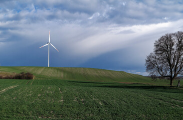 Fototapeta na wymiar Farma wiatrowa, elektrownia źródeł odnawialnych w deszczowy wiosenny dzień.