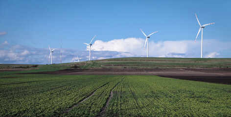 Farma wiatrowa, elektrownia źródeł odnawialnych w deszczowy wiosenny dzień. © Adam Sadlak