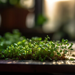  macro photograph of microgreen groing on the terrace. generative AI