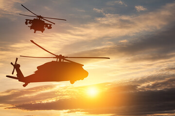 Fototapeta na wymiar Silhouettes of helicopters on background of sunset. Greeting card for Veterans Day, Memorial Day, Air Force Day. USA celebration.