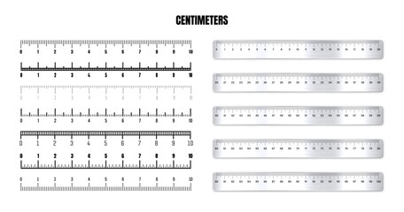 Realistic metal rulers with black centimeter scale for measuring length or height. Various measurement scales with divisions. Ruler, tape measure marks, size indicators. Vector illustration