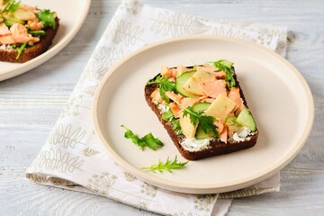 Smorrebrod, an open sandwich on rye bread with boiled salmon, fresh cucumber, cream cheese, apple and herbs on a ceramic plate on a light concrete background. Danish cuisine.