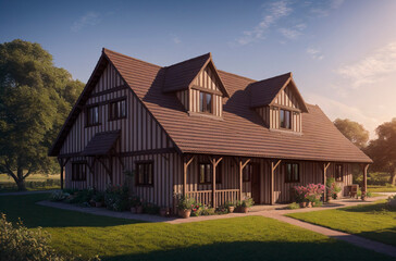 Obraz premium House in nature. Suburban dwelling in sunny cloudy weather. Generative AI.