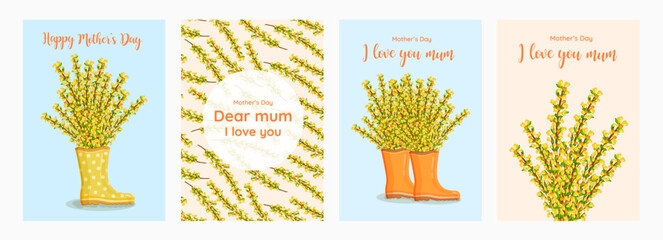 Vector set for happy mother's day holiday. Spring floral illustration with yellow forsythia flowers.