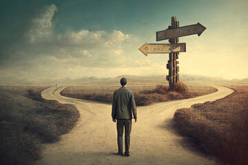 Man standing at crossroad choosing right path, choice concept, generative AI.