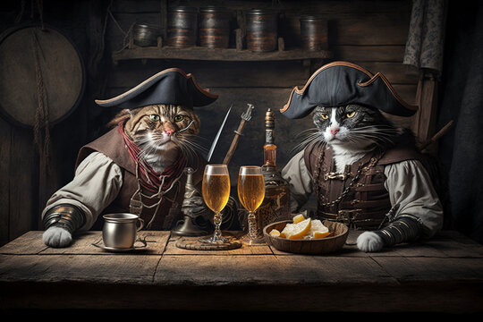 Cats wearing pirate clothes sitting in old vintage tavern, funny pets, generative AI