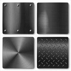 Various realistic black metal banners collection. Brushed steel or aluminium plate, panel with screws. Polished metal surface. Old grunge texture with scratches. Vector illustration