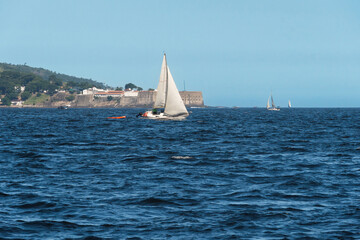 Obraz premium Guanabara Bay in Rio de Janeiro, Brazil with a hill in the background. Beautiful landscape and hill with the sea. Sailing boats in the bay