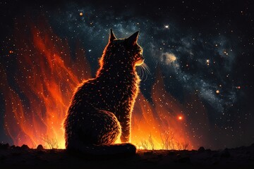Feline Fire in the Night Sky Generative AI