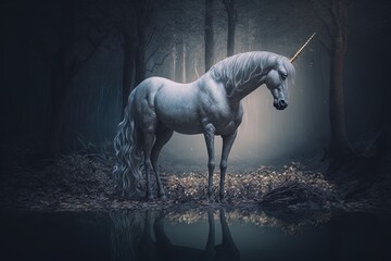 Obraz na płótnie Canvas Into a Darkened Wonderland - The Symbolic Beauty of an Unforgettable Unicorn Generative AI