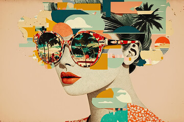 Trendy woman wearing huge sunglasses. Creative clip art collage. Generative AI - obrazy, fototapety, plakaty