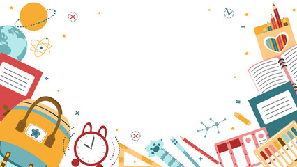 Background for school, school theme, school doodles, inscription in a notebook, training, lessons, time for training, Set of school tools, set of education icons, back to school