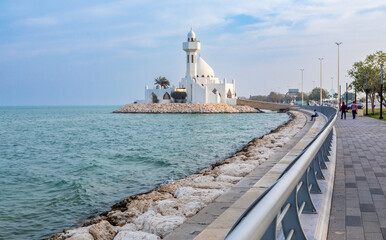White Salem Bin Laden Mosque built on the island with sea in the background and walking promenade, Al Khobar, Saudi Arabia