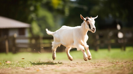 a goat roaming free on a farm, sunny day