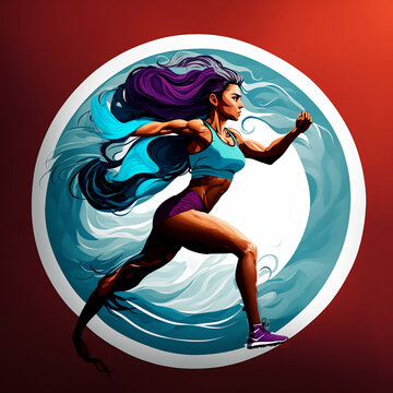Girl running round eblem, girl running water, circular stencil of a fitness woman running, artistic style woman drawing fitness run.