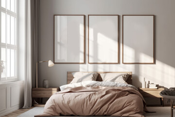 Three Empty Frames Mockup in Warm Beige Bedroom, AI Generative