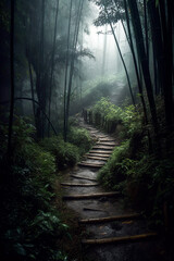 Foggy winding Bamboo path in Bamboo jungle at rainy season. Rainy Season Bliss: A Foggy Path in a Bamboo Grove