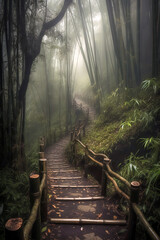 Foggy winding Bamboo path in Bamboo jungle at rainy season. Rainy Day Adventure: A Serene Bamboo Jungle Path