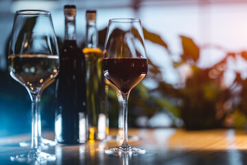 collection of luxury red and white French or Italian wine in bottle and glass
