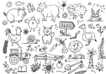 Vector doodles, hand drawn sketch with cow, pig, duck, sheep, tools and other things from the farm