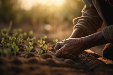 Fototapeta na wymiar Male hands touching soil on the field during sunset. Farmer is checking soil quality before sowing Generative AI