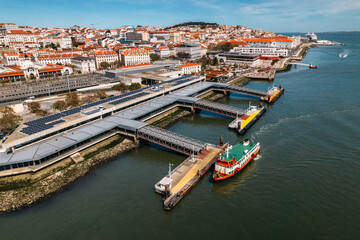 Fototapeta na wymiar Aerial view of ferry terminal at Cais do Sodre in Lisbon, Portugal