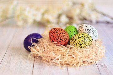 Happy easter. Easter eggs in the nest, side view. Eggs painted in different colors with black dots. Easter eggs on a wooden table. Photo to create postcards