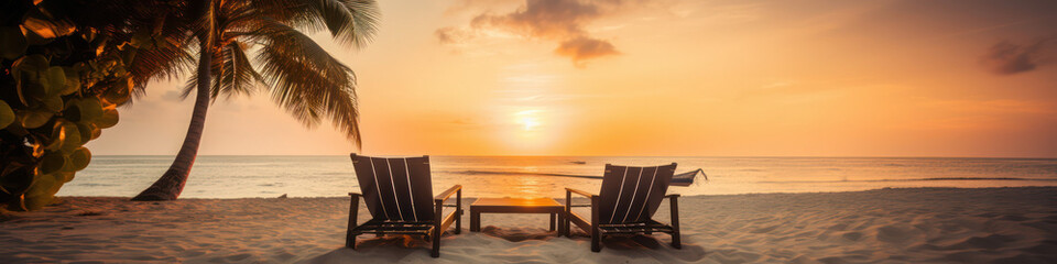 Turquoise sea, sun loungers, White sand and palm trees, sunset, very beautiful nature. banner, copyspace .generative AI