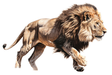 Fototapeta na wymiar a male lion. Panthera leo, walking, trotting and running, in wildlife-themed, photorealistic illustrations on a transparent background cutout in PNG. Generative AI