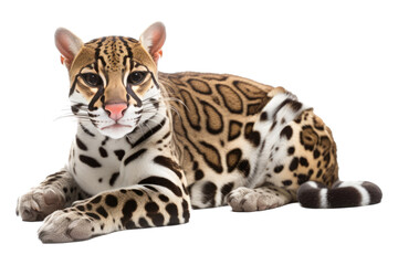 an isolated ocelot jungle cat laying down, FRONT-view portrait, safari-themed photorealistic illustration on a transparent background cutout in PNG, generative ai