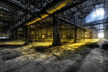 ホラー風錆びれた廃工場の鉄骨が見える床と天井風景