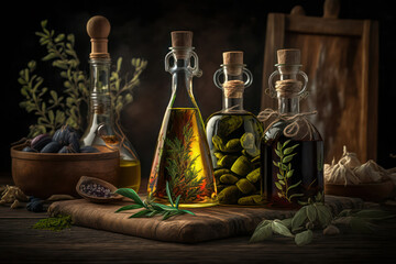 Obraz na płótnie Canvas bottles of olive oil with spicy herbs.assortment of spicy oils. rustic style. generative AI