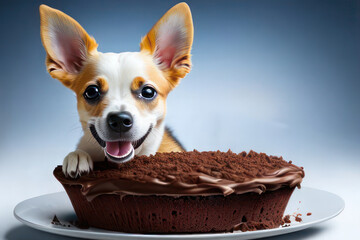 A cute brown and white puppy sitting next to a delicious cake. Generative AI