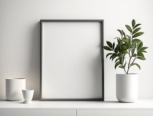 Ai generated minimalist interior mockup with plant in trendy vase on white wall background. Template for artwork, photo or poster. Picture frame, concrete shelf, white ceramic shapes and blank spaces.