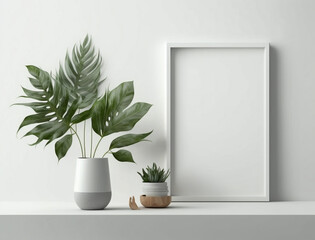 Ai generated minimalist interior mockup with plant in trendy vase on white wall background. Template for artwork, photo or poster. Picture frame, concrete shelf, white ceramic shapes and blank spaces.