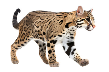 an isolated ocelot jungle cat walking and stalking prey, side-view portrait, safari-themed photorealistic illustration on a transparent background cutout in PNG, generative ai