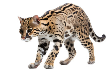 an isolated ocelot jungle cat walking and stalking prey, side-view portrait, safari-themed photorealistic illustration on a transparent background cutout in PNG, generative ai