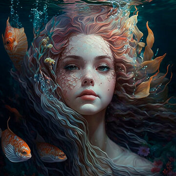 siren, mermaid, underwater, dark fantasy, horror, demons, art illustration  Stock-Illustration