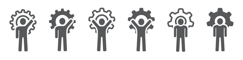 Set of leadership gear wheel icons. Man and gear sign. Head or director, business, cooperation, teamwork, success, human resources. Vector.