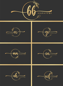 bundle of luxury signature two letter logo design isolated leaf and flower