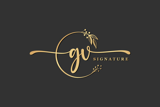 luxury signature initial gv logo design isolated leaf and flower