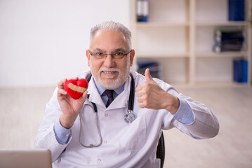 Old male cardiologist holding heart model