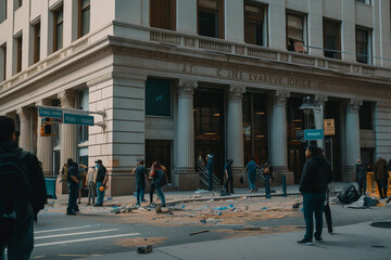 Obraz premium World crisis Concept. Crowds of unemployed people on street during a rally and protest. Global banking crisis. Dollar Collapse and exchange rate. Bank failure, Banking collapse. Ai generative