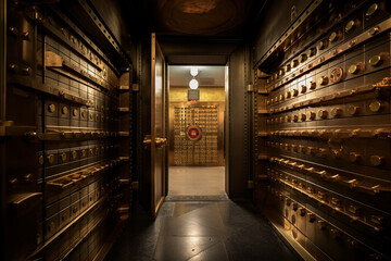 Fototapeta premium Bank vault door. Safe deposit boxes room in bank vault. Inside in Bank vault room with Dollars and euro money. Store Gold in storage. Federal Reserve Bank, Ai Generative illustration.