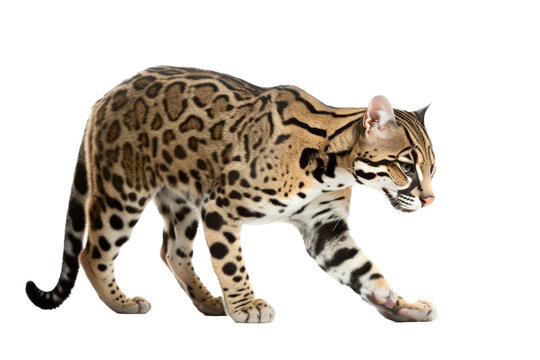 an isolated ocelot jungle cat walking and stalking prey, side-view portrait, safari-themed photorealistic illustration on a transparent background cutout in PNG, generative ai