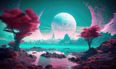 Obraz na płótnie Canvas A magical landscape of a turquoise lake surrounded by mountains, trees and bubbles in a vast alien desert. Generative AI