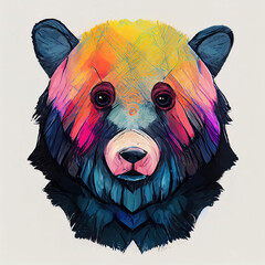 Stylized bear head in rainbow colors. Decorative portrait of a bear. Bright multicolor graphics. AI-generated