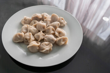 Serving of traditional Russian dough and meat dish on a white plate. Dumplings filled with meat, cheese and mushrooms. Popular Eastern European food