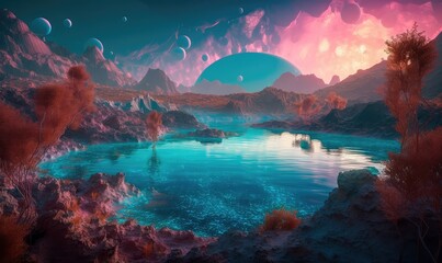 A magical landscape of a turquoise lake surrounded by mountains, trees and bubbles in a vast alien desert. Generative AI