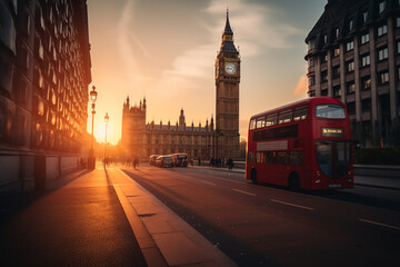 Fototapeta na wymiar Red bus on road in London near Big Ben Clock Tower. Road traffic in London city. Big Ben in London on sunset. Red bus on City streets in England, UK, United Kingdom. Ai generative illustration.